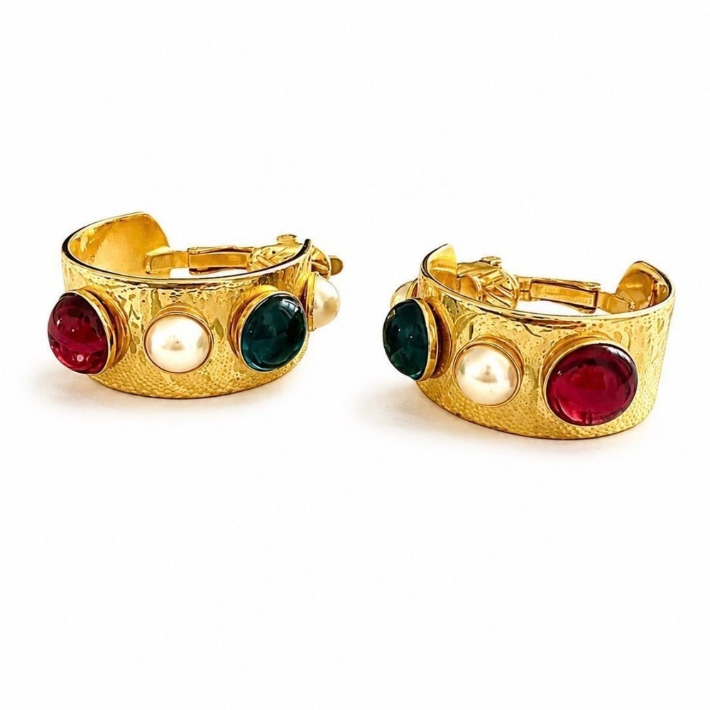 Vintage 1980s Trifari Multi-Color Cabochon Wide Hoop Clip-On Earrings